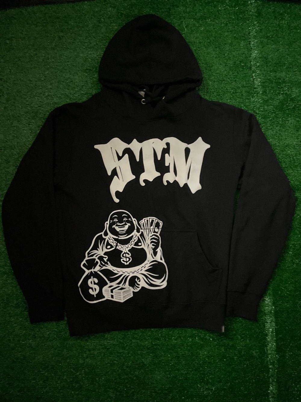 Black Graphic Hoodie Sweater with White Money Buddha Print